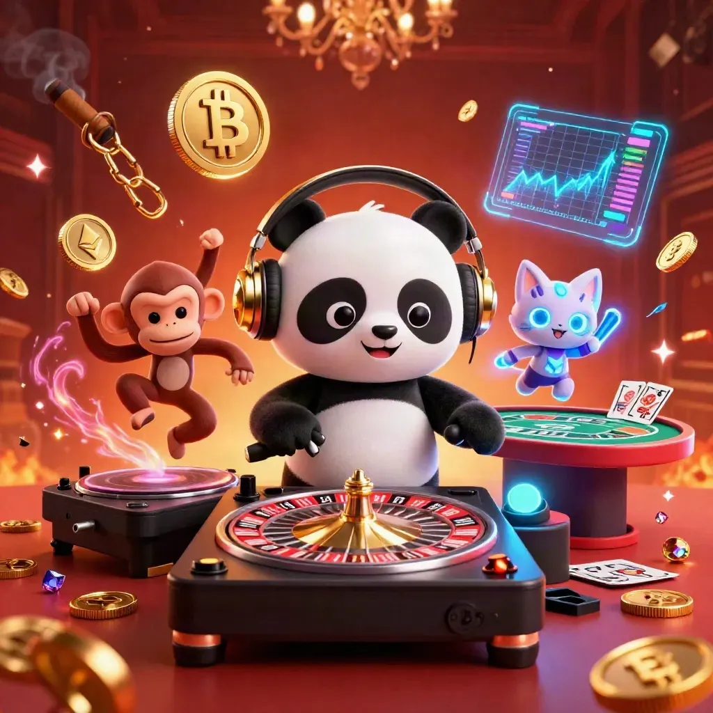 DJ panda, monkey and glow kitten in a neon casino room with coins, sparks and a chandelier