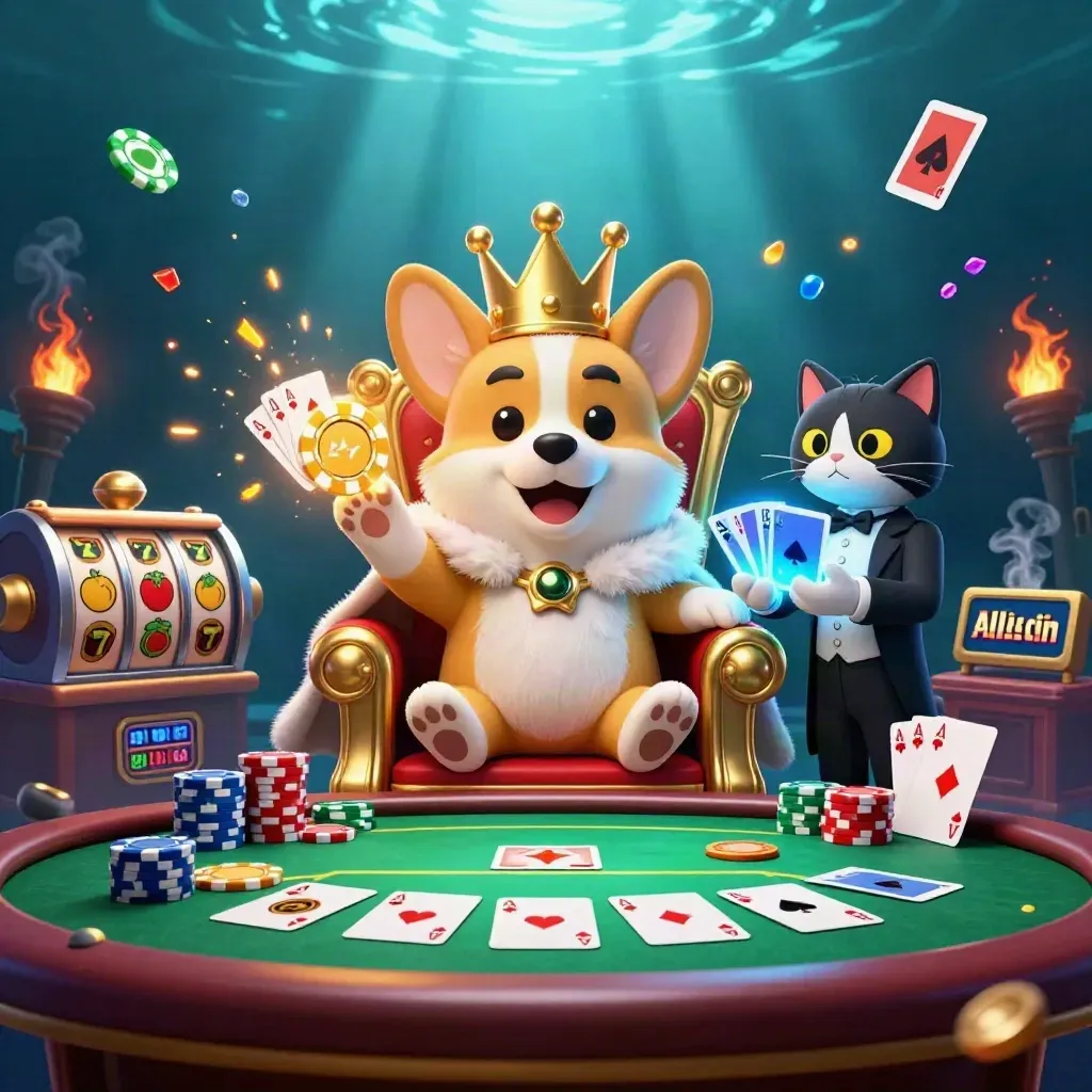 Royal corgi and cat butler on chip throne amid casino cards, chips, and neon underwater light.