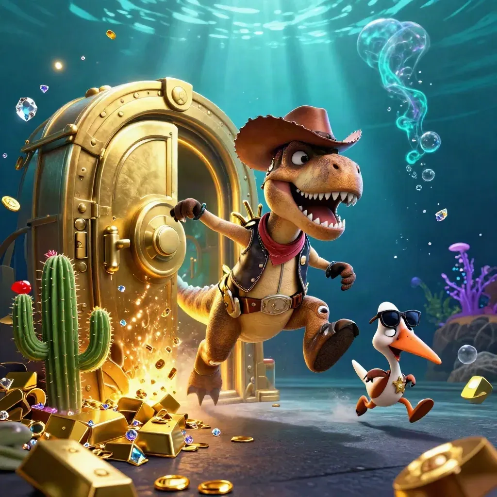 Cowboy T-Rex, cactus sidekick, and roadrunner burst treasure from a glowing vault underwater
