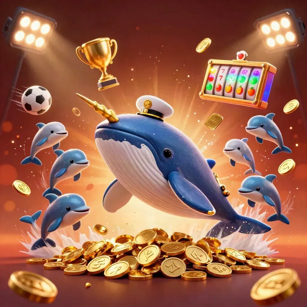 Whale captain, narwhal, and dolphins burst through coins with casino sports props.