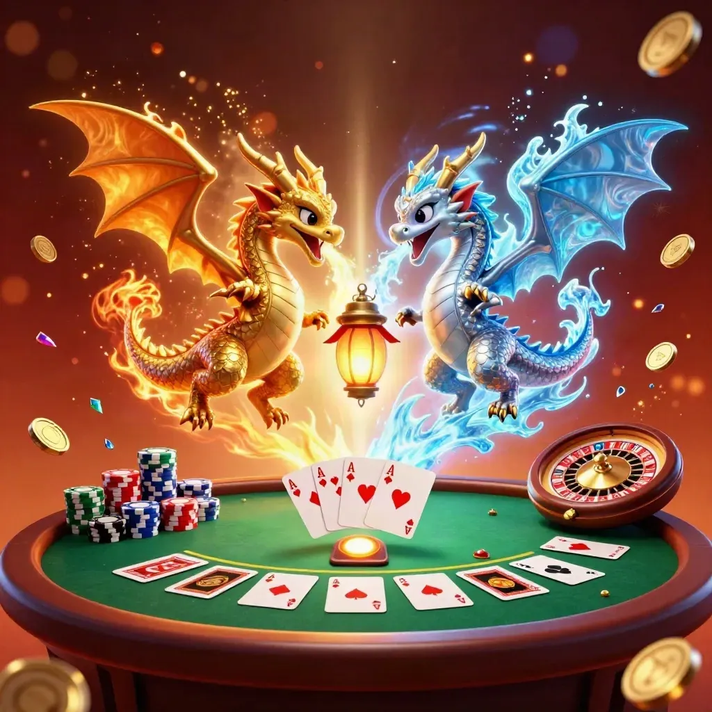 Twin gold and silver dragons swirl through casino coins, chips, fireworks, and glowing tables.