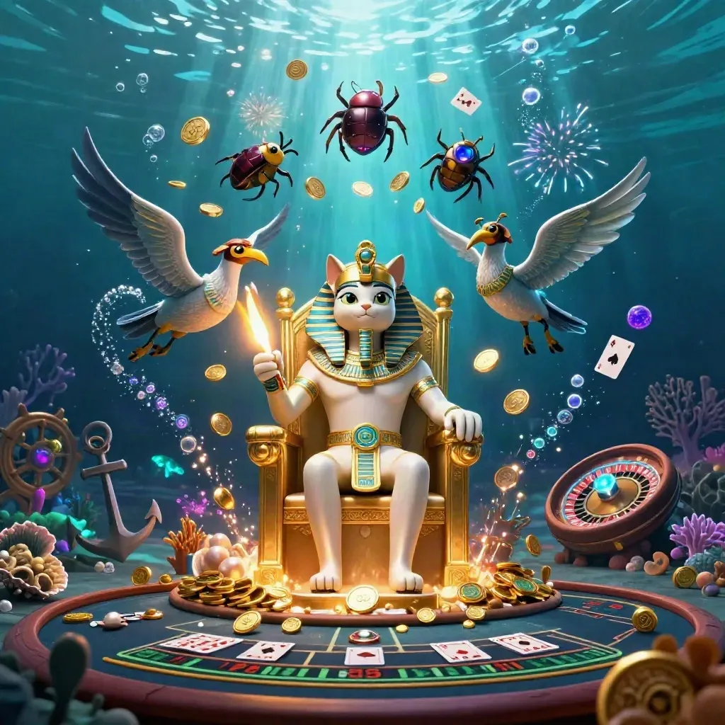 Pharaoh cat on throne amid treasure coins, sea glow, cards, wheels, coral, and fireworks.