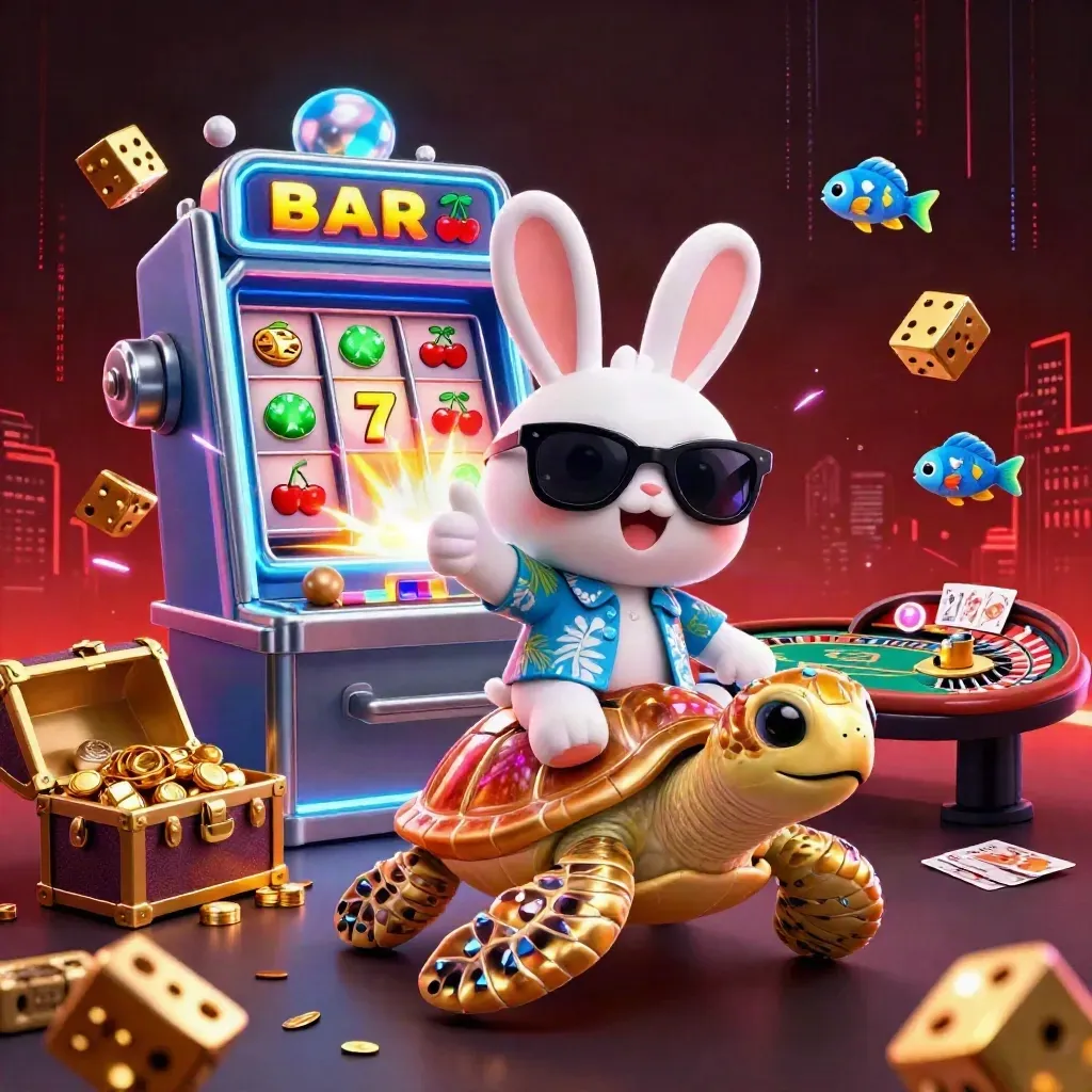Lucky rabbit on a golden turtle amid slot jackpots, coins, fireworks, and neon casino energy.