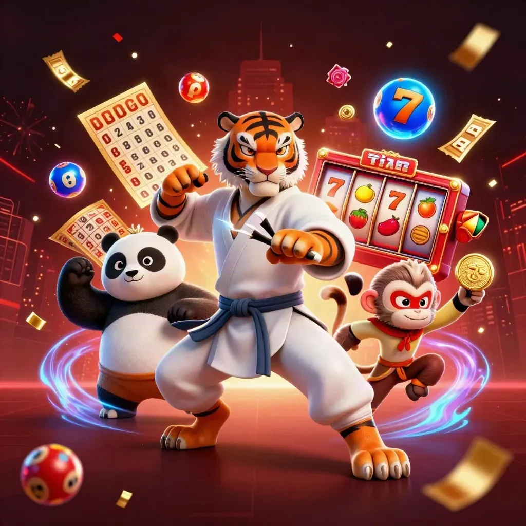 Kung-fu tiger, panda, and monkey amid casino bursts, neon sparks, dark red skyline
