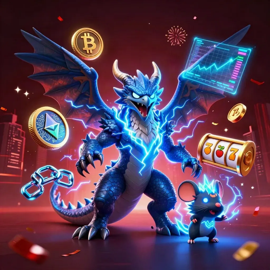 Thunder dragon, hawk, and mouse amid neon coins, lightning, reels, and confetti.